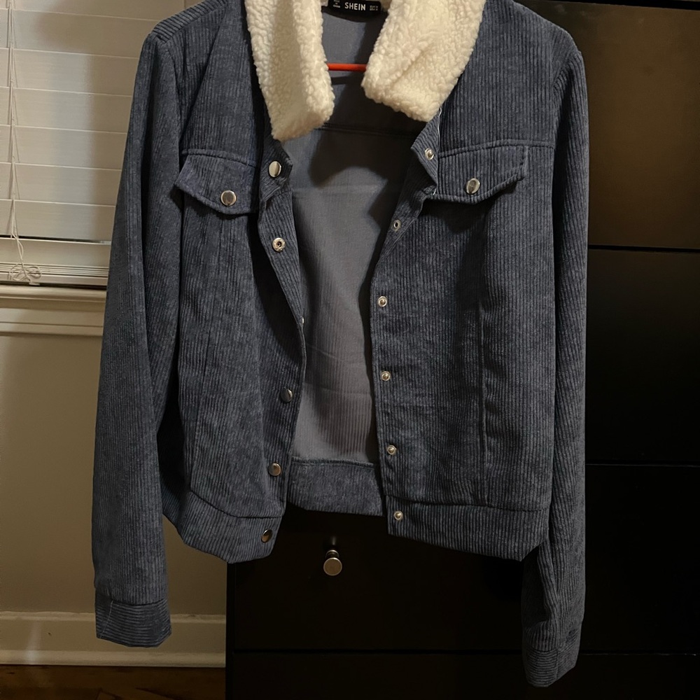 SHEIN Women's Navy Corduroy Bomber Jacket with White Sherpa Collar